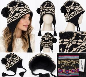 Ossi Shiraleah Y2K Knit Earflap Hat Black Cream Nordic Fair Isle Pom Pom Skiwear